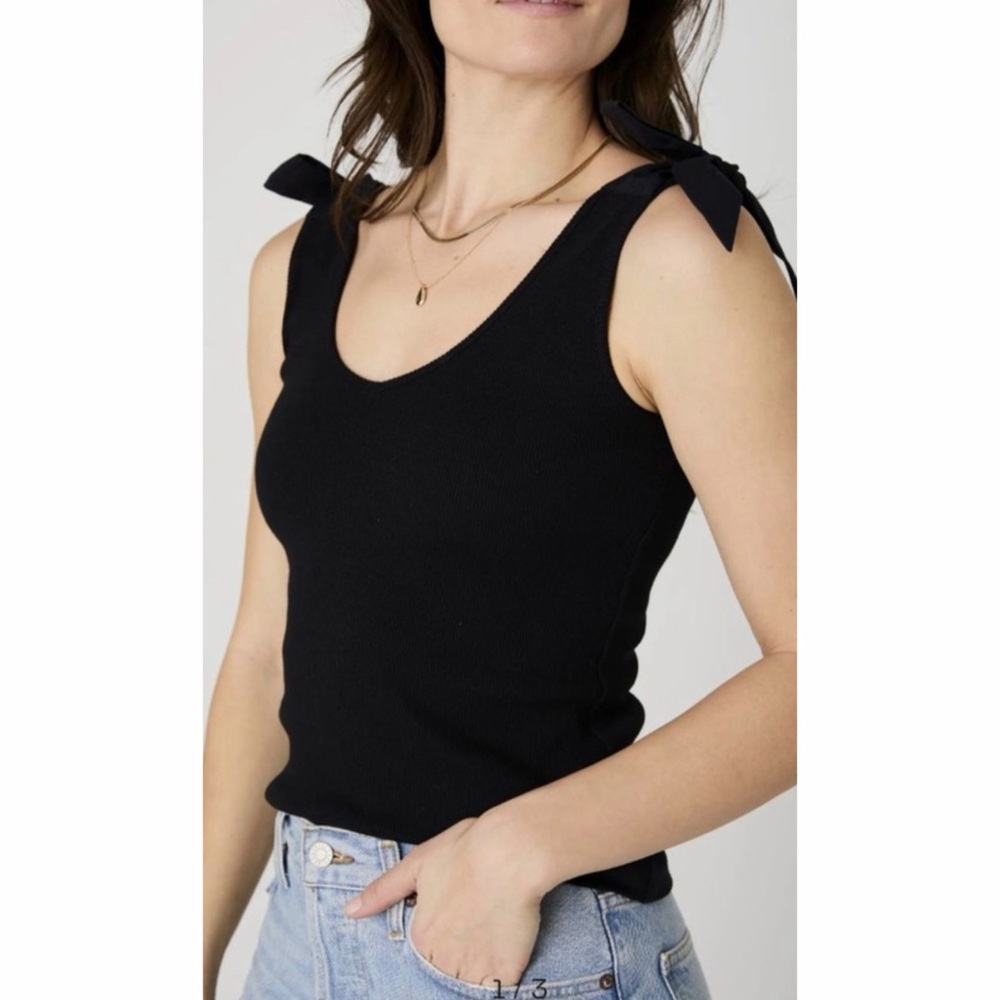 French Connection Black Bow Shoulder Strap Ribbed Tank Top
